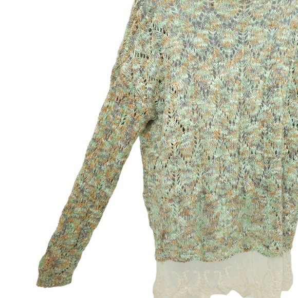 Gimmicks By BKE Pullover Sweater Womens Size L Open Knit Lace Hem Trim Green Tan - Picture 14 of 15